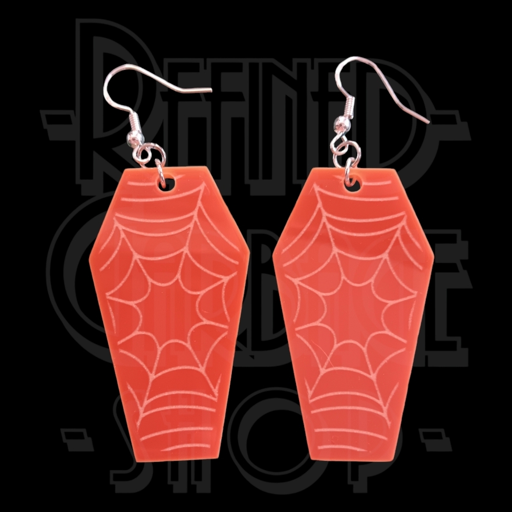 Halloween Earrings - Orange coffins with webs